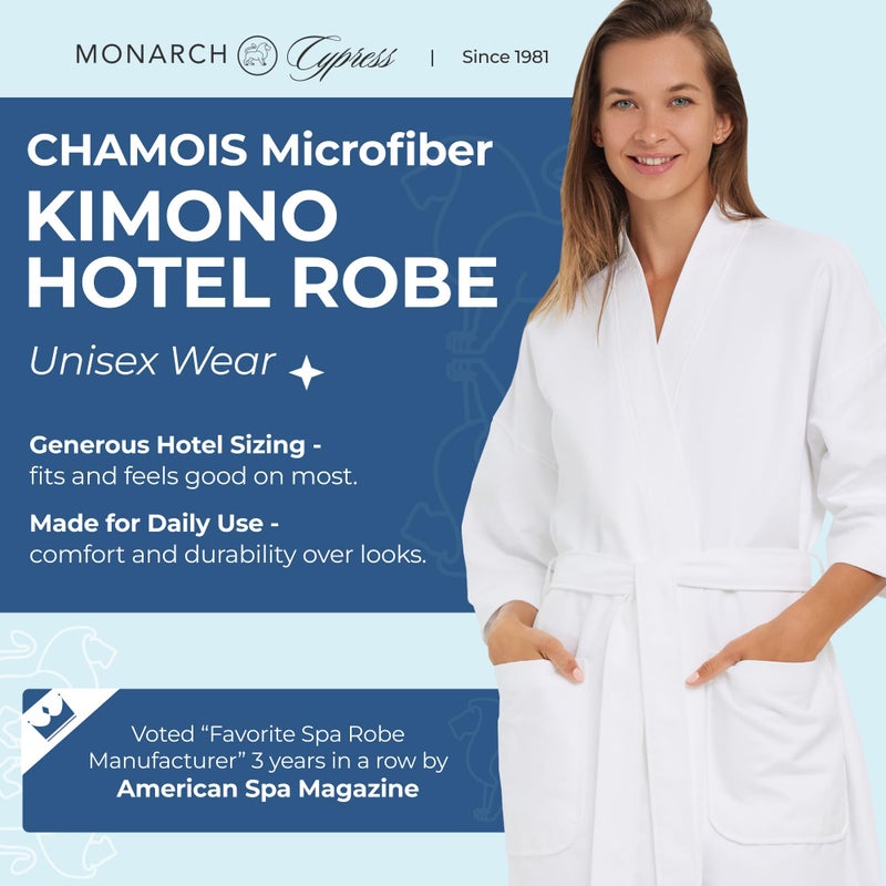 MONARCH Chamois Microfiber Spa Kimono Robe for Men or Women â€“ Soft Lightweight Fabric with Classic Kimono Design, Generously Sized Hotel & Spa Robe with Pockets â€“ Machine Washable (White, Large) - Image 2